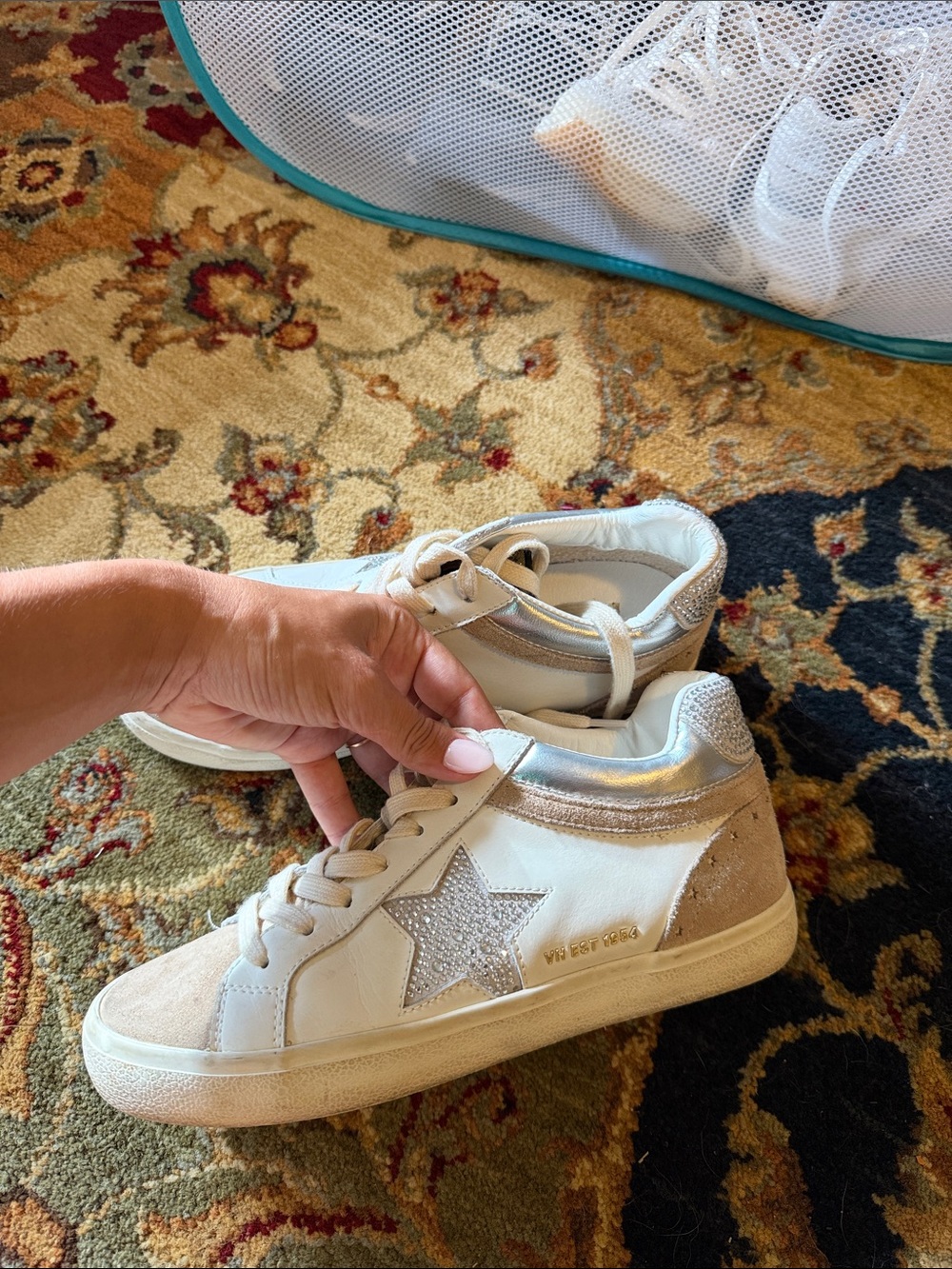 Vintage Havana White Leather and Suede Toe Sneakers with Silver Star Detail